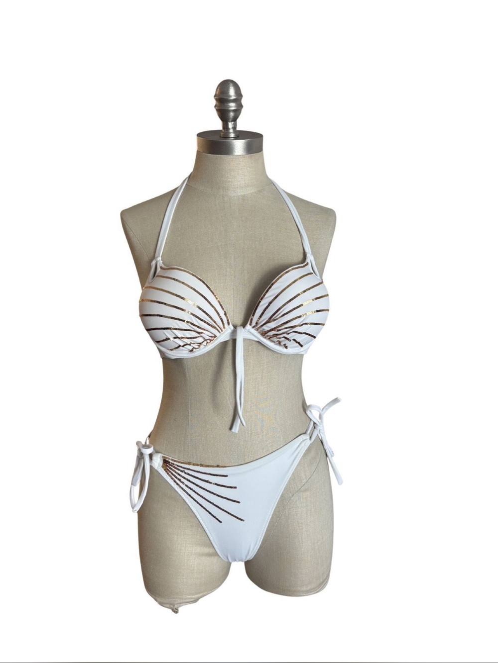 White Halter Bikini with Metallic Stripe Accents